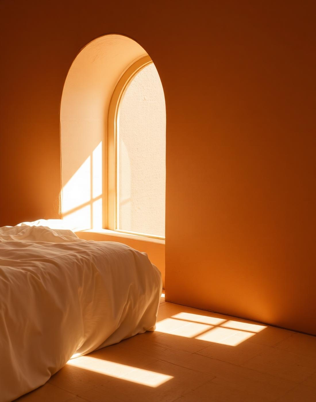 Morning light across a warm terracotta courtyard wall