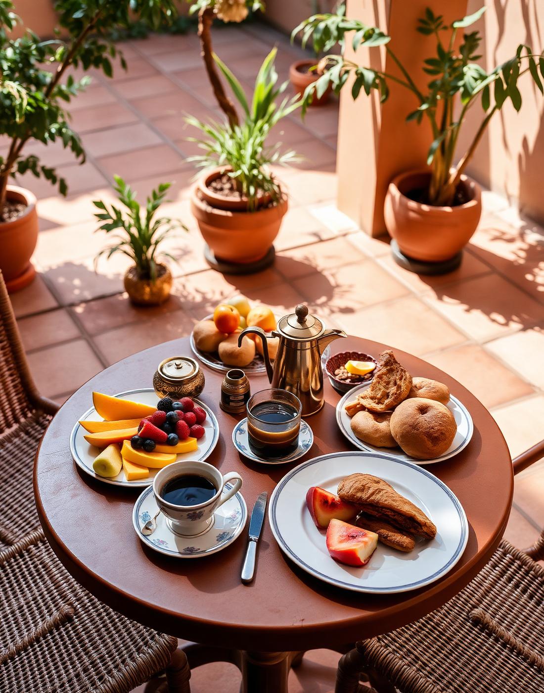 Breakfast table with coffee and pastries in warm morning light