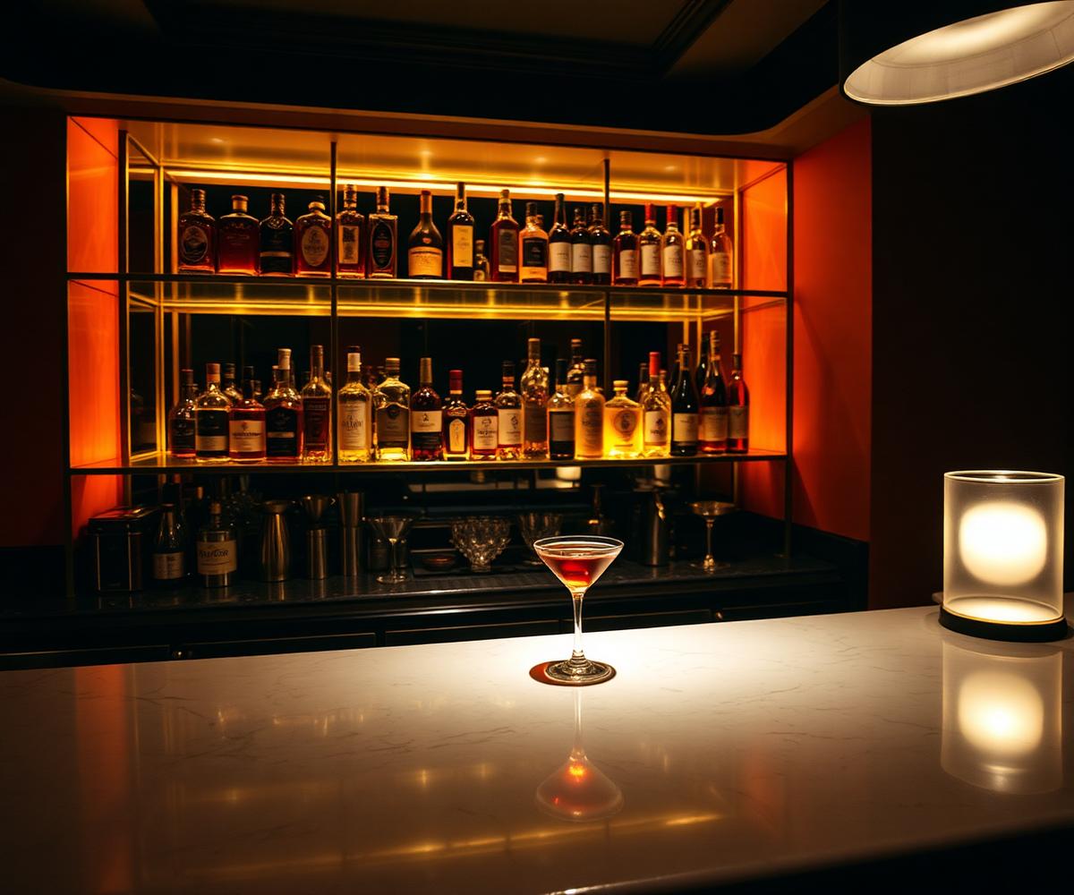 Elegant hotel bar with brass shelving and amber bottles