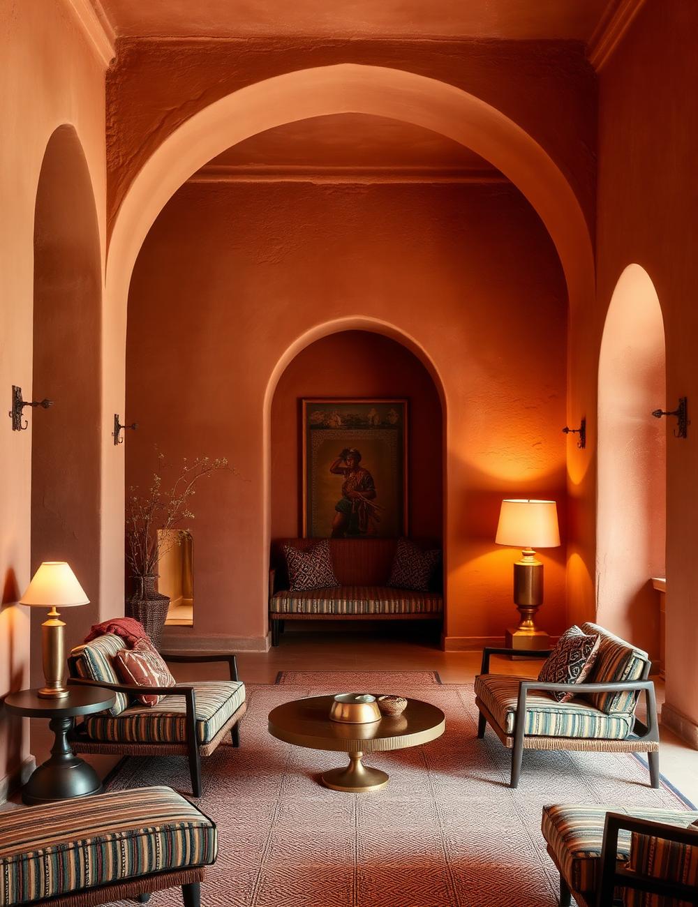 Warm hotel lounge with arched niches and woven textiles